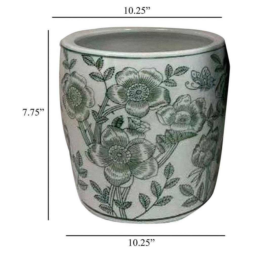 Kerry Accent Planter Pot Set of 4 Green Floral Pattern White Ceramic
