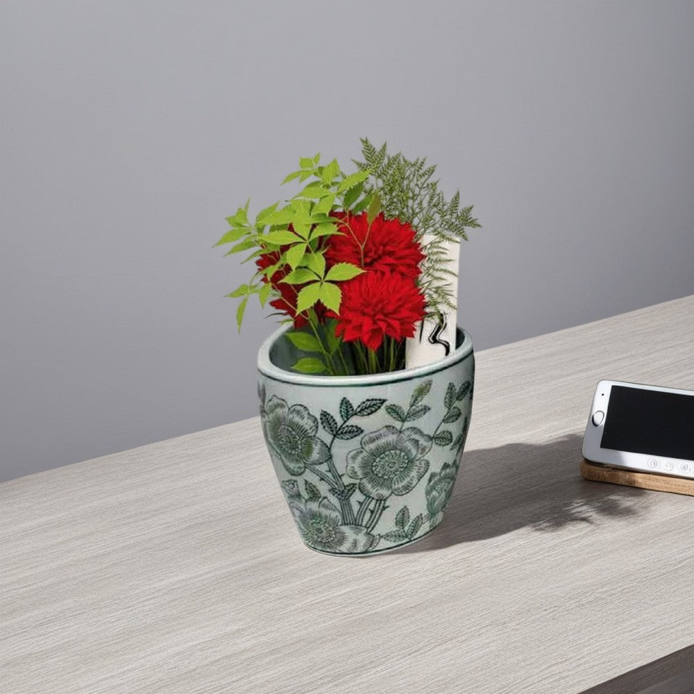 Kerry Accent Planter Pot Set of 4, Green Floral Pattern, White Ceramic