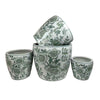 Kerry Accent Planter Pot Set of 4, Green Floral Pattern, White Ceramic