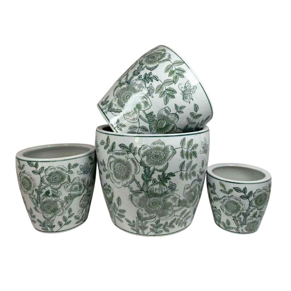 Kerry Accent Planter Pot Set of 4, Green Floral Pattern, White Ceramic