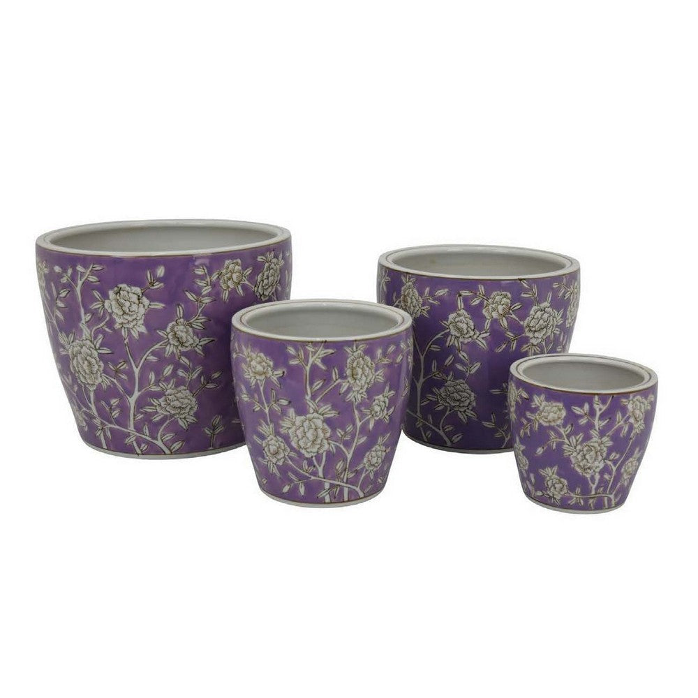 Kerry Accent Planter Pot Set of 4, Purple Floral Pattern White Ceramic