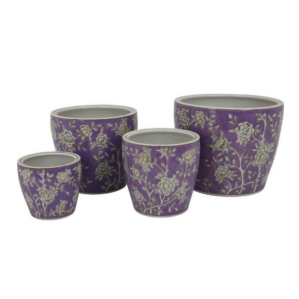 Kerry Accent Planter Pot Set of 4 Purple Floral Pattern White Ceramic