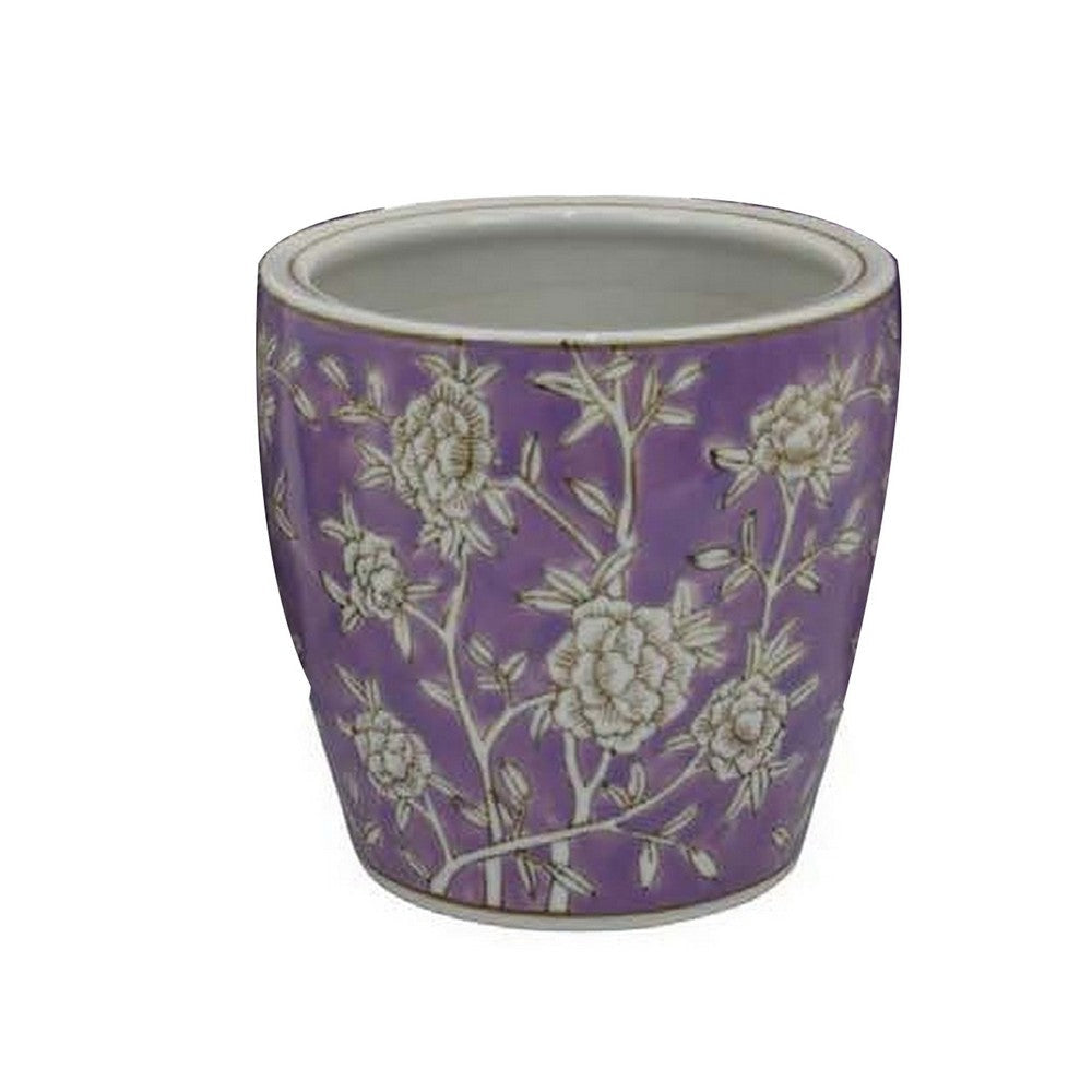 Kerry Accent Planter Pot Set of 4 Purple Floral Pattern White Ceramic