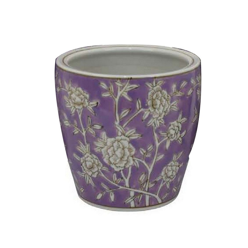 Kerry Accent Planter Pot Set of 4 Purple Floral Pattern White Ceramic