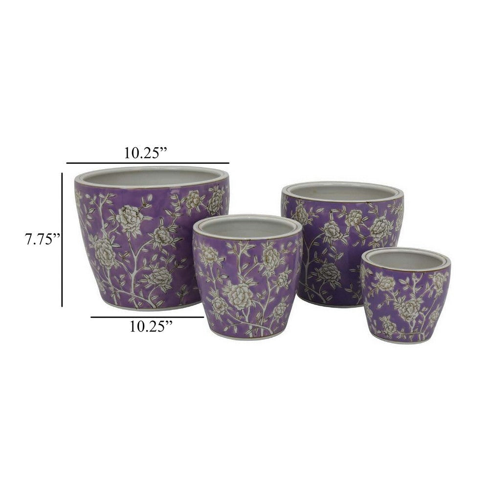 Kerry Accent Planter Pot Set of 4 Purple Floral Pattern White Ceramic