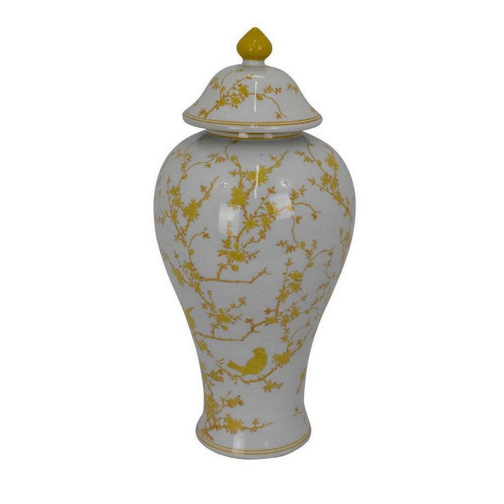 Chris Lidded Accent Jar Yellow Bird and Floral White Ceramic 20 Inch