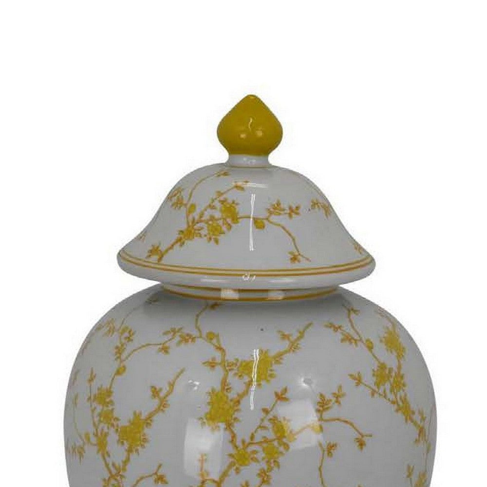 Chris Lidded Accent Jar Yellow Bird and Floral White Ceramic 20 Inch