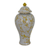 Chris Lidded Accent Jar, Yellow Bird and Floral, White Ceramic 20 Inch