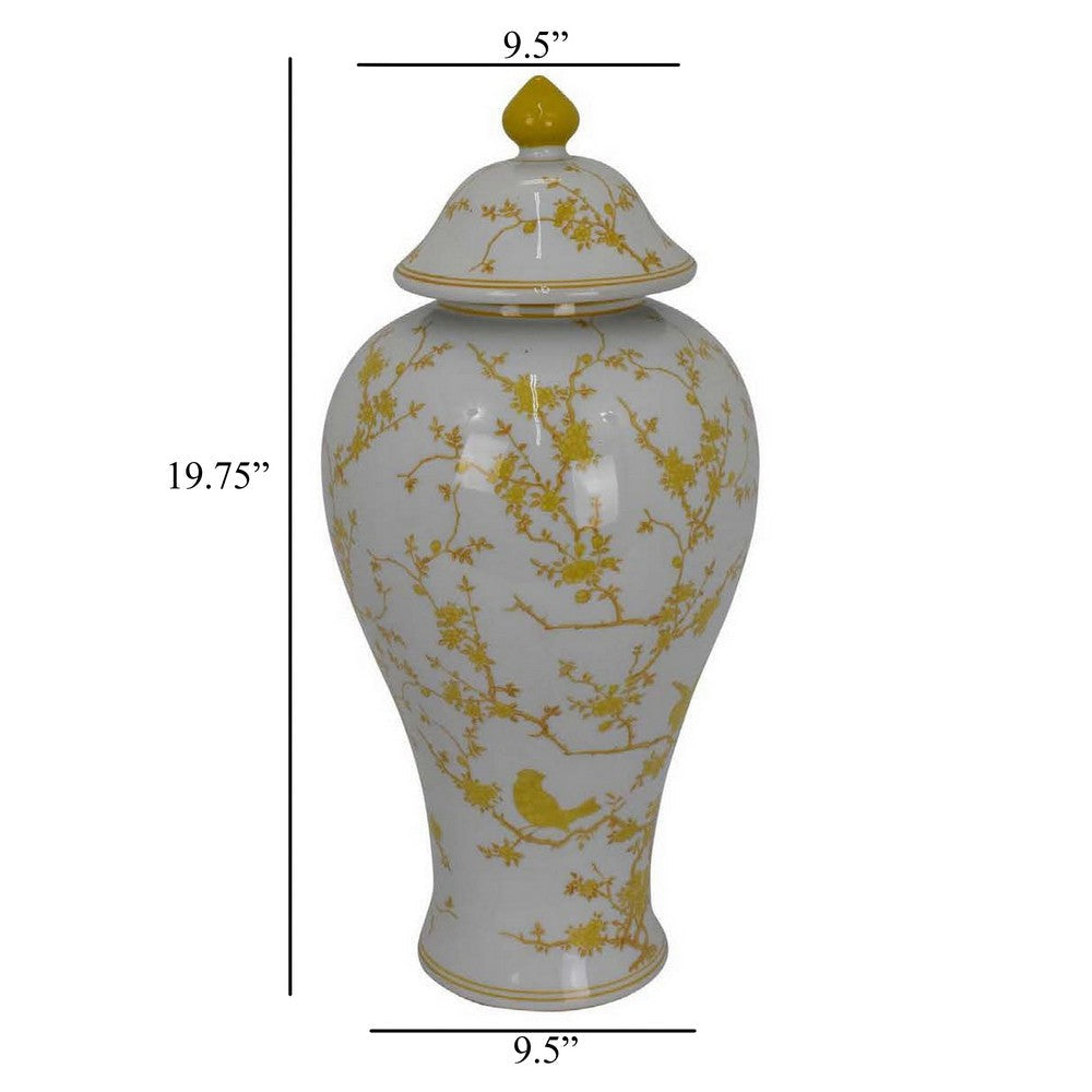 Chris Lidded Accent Jar Yellow Bird and Floral White Ceramic 20 Inch