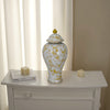 Chris Lidded Accent Jar, Yellow Bird and Floral, White Ceramic 20 Inch