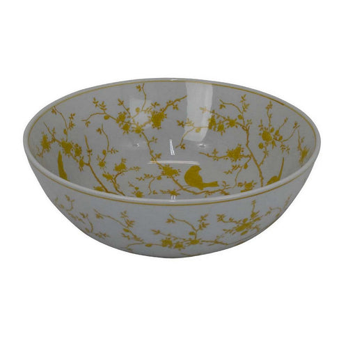 Alex Decorative Bowl, Yellow Bird Floral Motif, White Ceramic 14 Inch