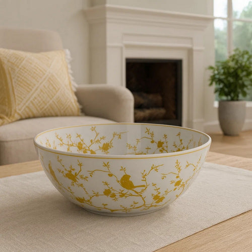 Alex Decorative Bowl, Yellow Bird Floral Motif, White Ceramic 14 Inch