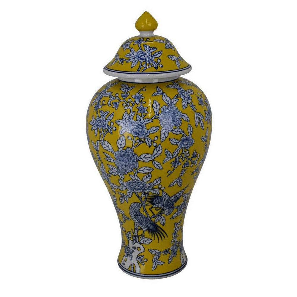 Chris Decorative Jar Yellow Bird and Floral Blue Ceramic 20 Inch