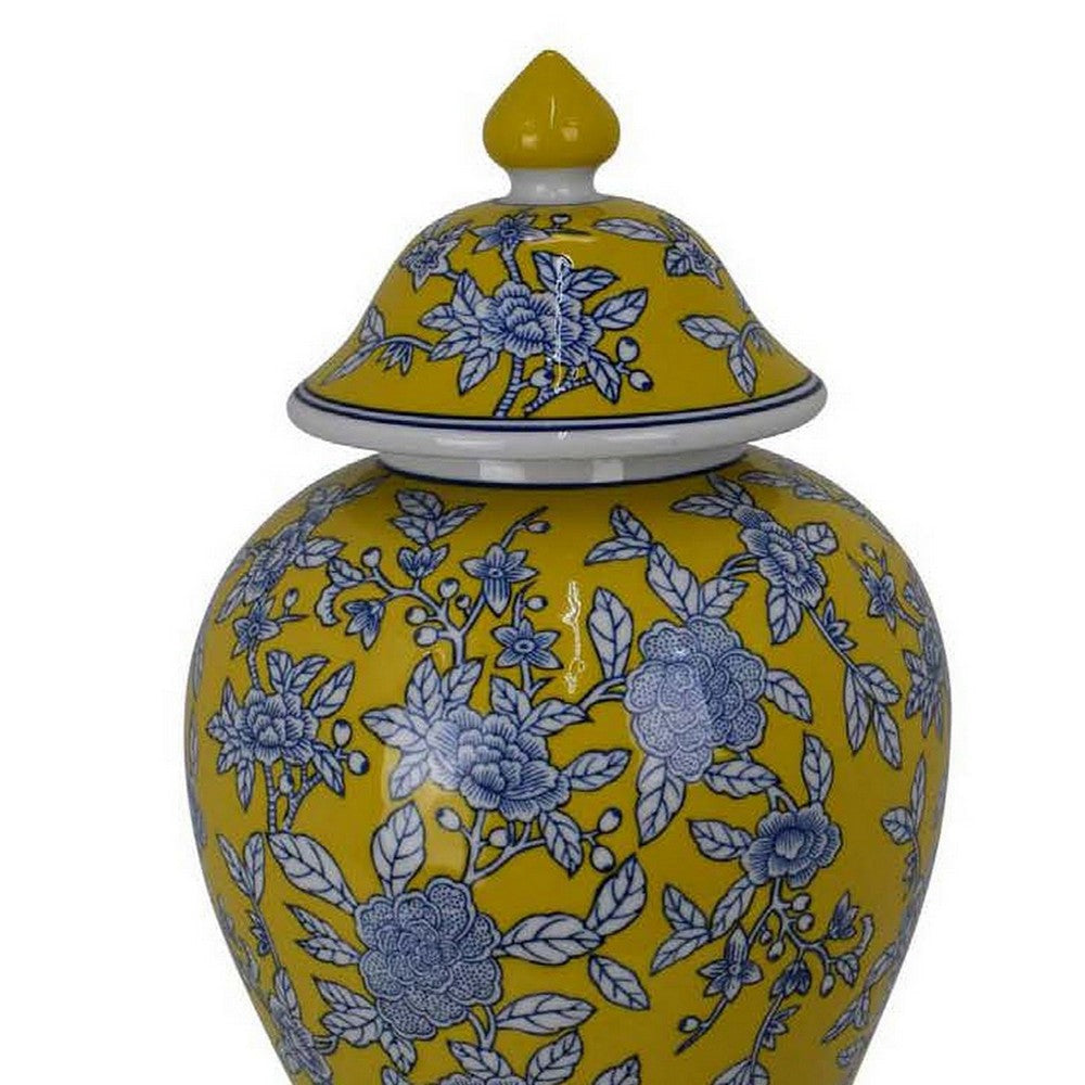 Chris Decorative Jar Yellow Bird and Floral Blue Ceramic 20 Inch