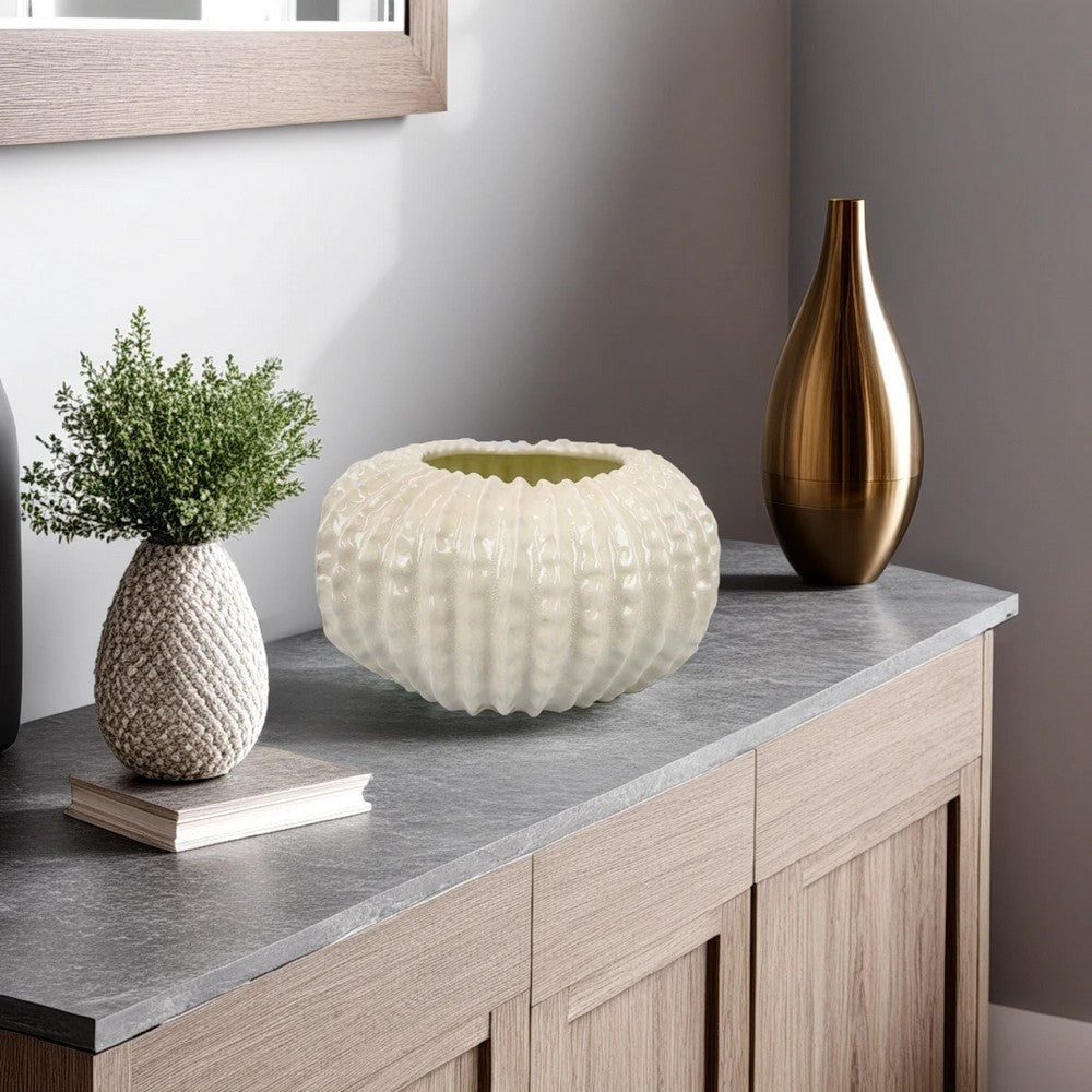 Harry Round Planter with Textured Design, Glossy White Ceramic 13 Inch