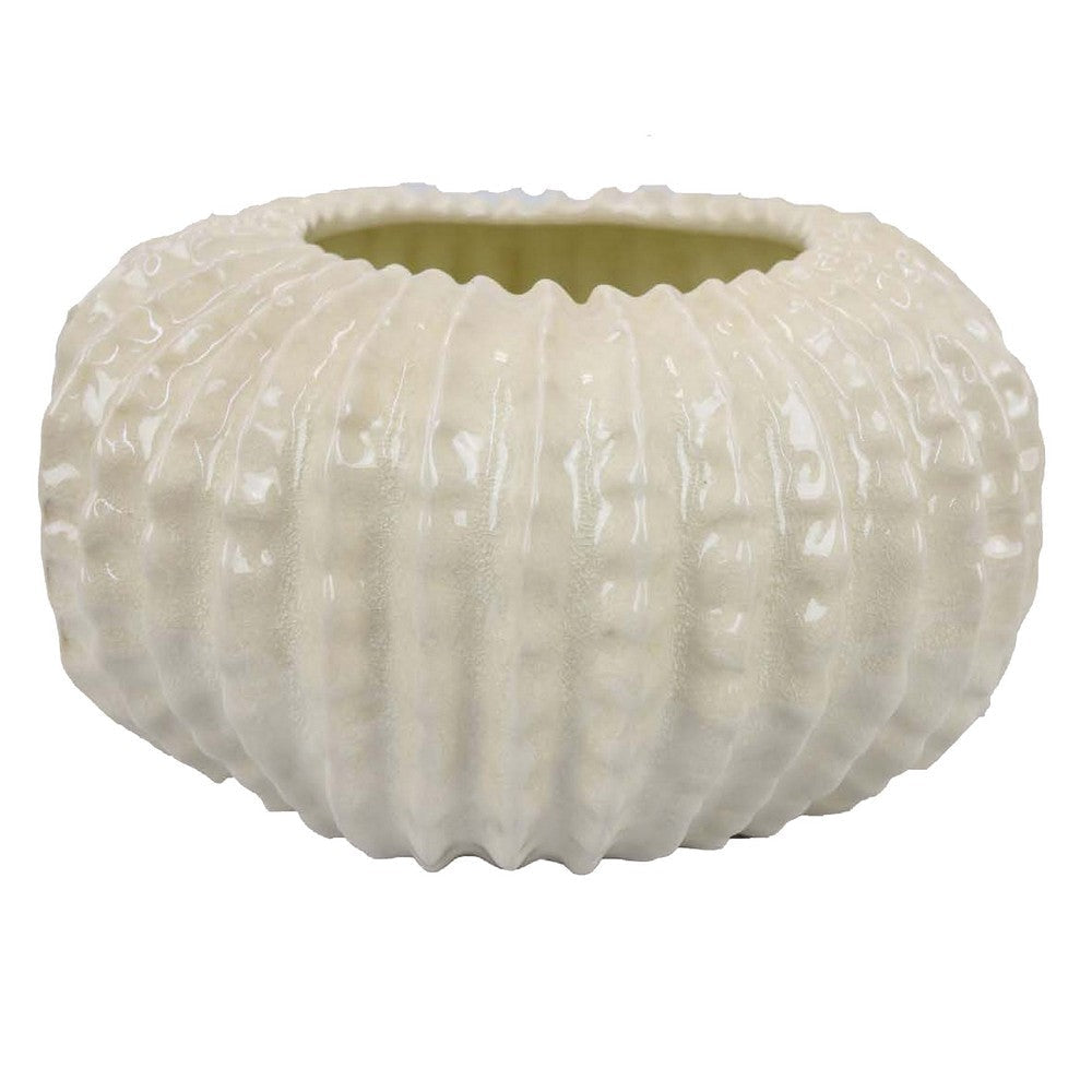 Harry Round Planter with Textured Design, Glossy White Ceramic 13 Inch