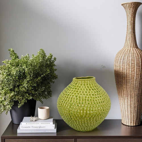 Evans Accent Vase, Embossed Textured Surface, Green Ceramic 14 Inch