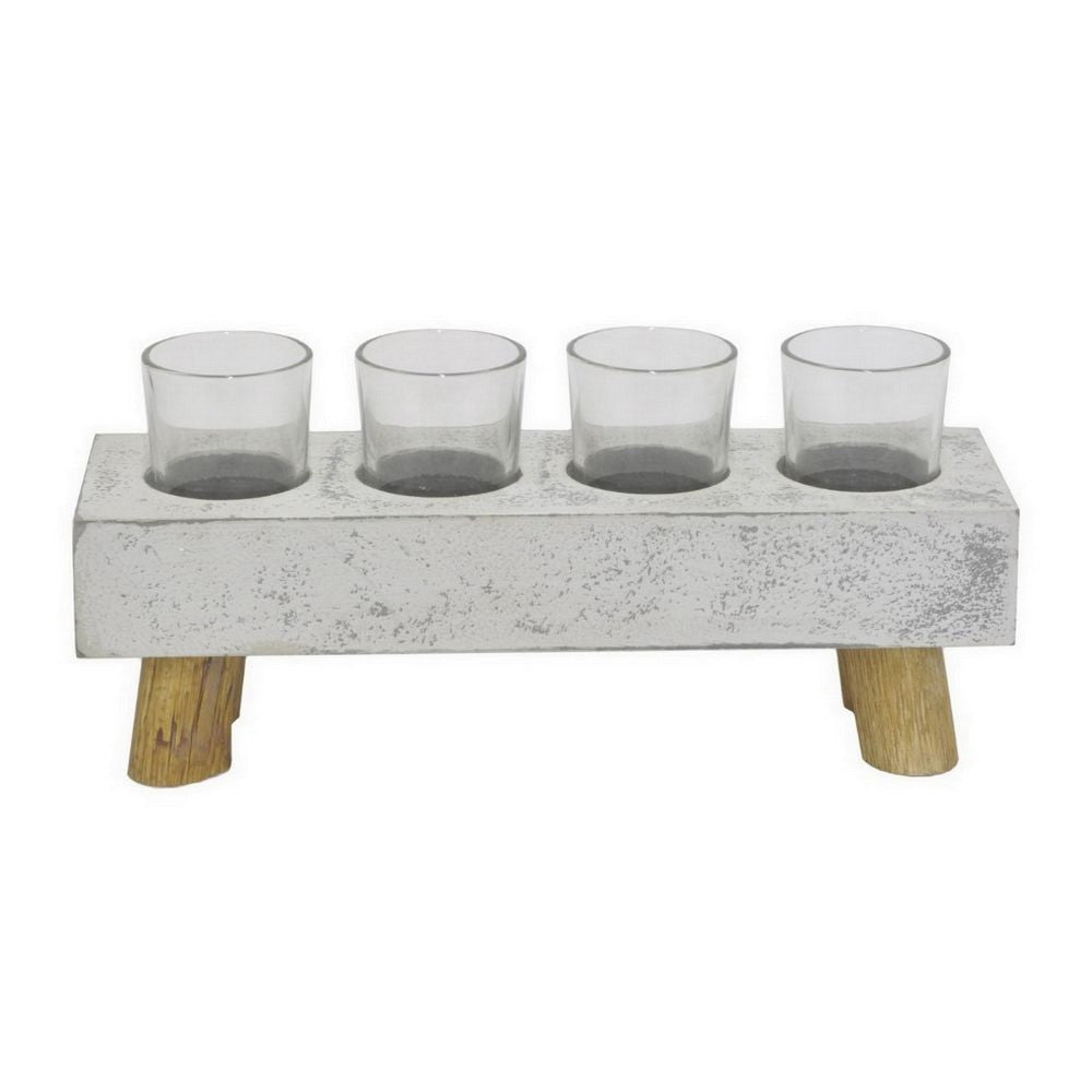 Cabo Accent Vase with 4 Glass Pots Wood Legs Gray Ceramic 15 Inch BM330146