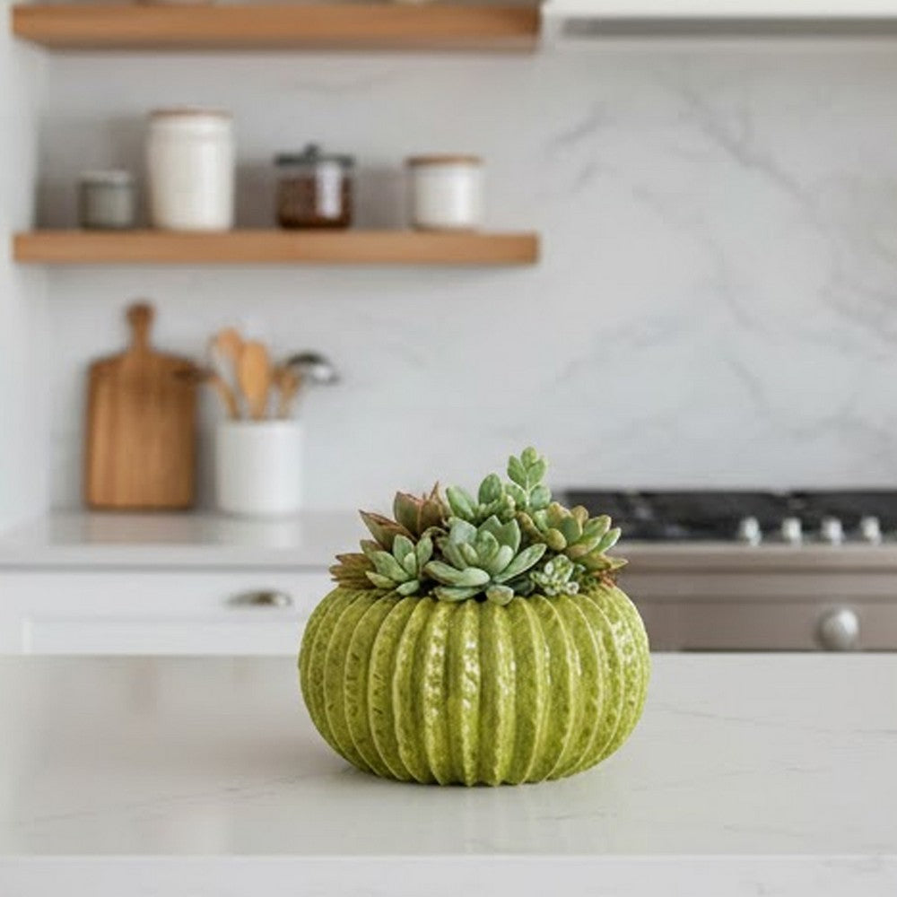 Decorative Planter, Melon Shape, Vertical Ribbed Texture, Green Ceramic