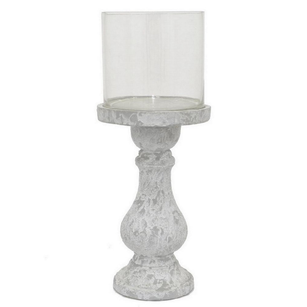 Kris Candle Holder with Hurricane Glass Top White Gray Ceramic 7 Inch
