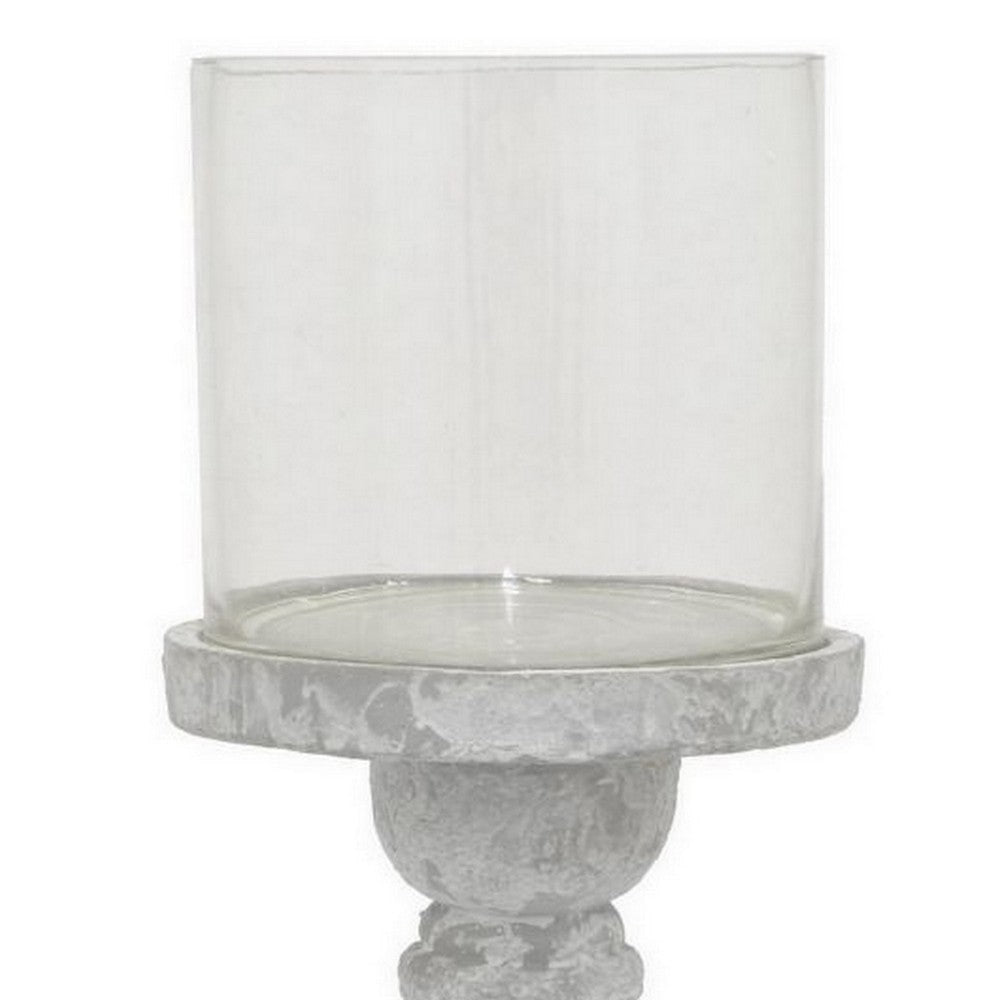 Kris Candle Holder with Hurricane Glass Top White Gray Ceramic 7 Inch