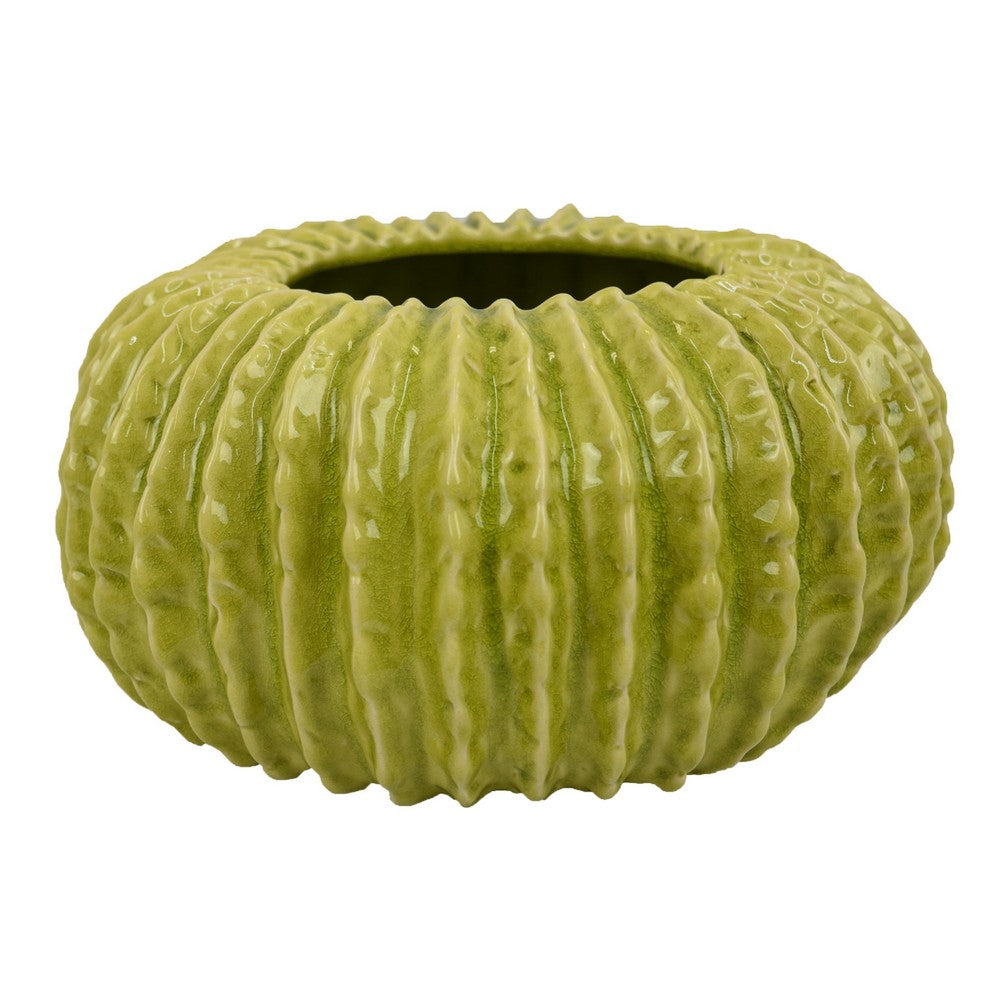 Decorative Planter, Melon Shape, Vertical Ribbed Texture, Green Ceramic