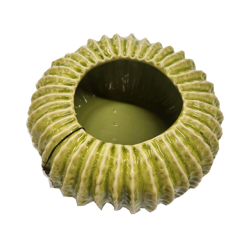 Decorative Planter, Melon Shape, Vertical Ribbed Texture, Green Ceramic