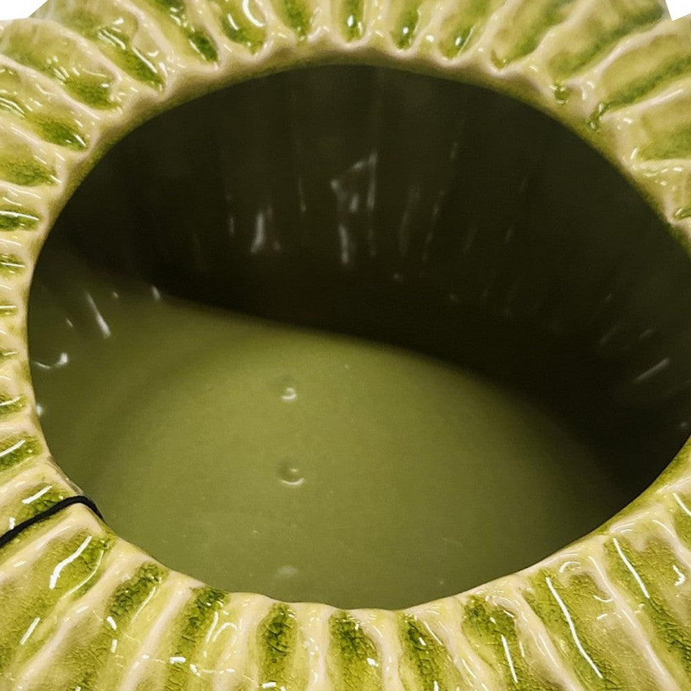 Decorative Planter, Melon Shape, Vertical Ribbed Texture, Green Ceramic
