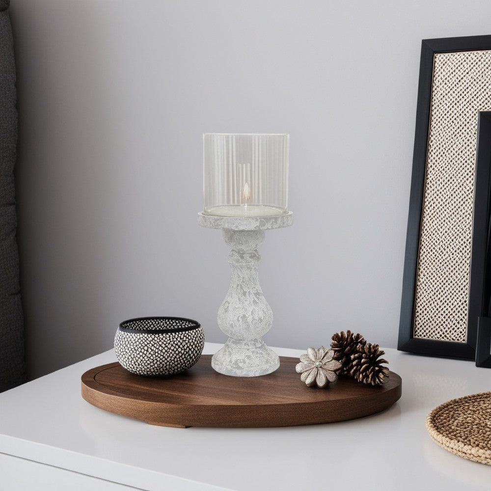 Kris Candle Holder with Hurricane Glass Top, White Gray Ceramic 7 Inch
