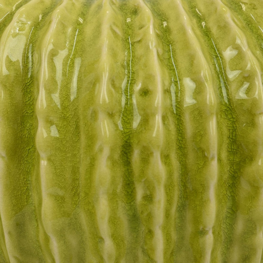 Decorative Planter, Melon Shape, Vertical Ribbed Texture, Green Ceramic