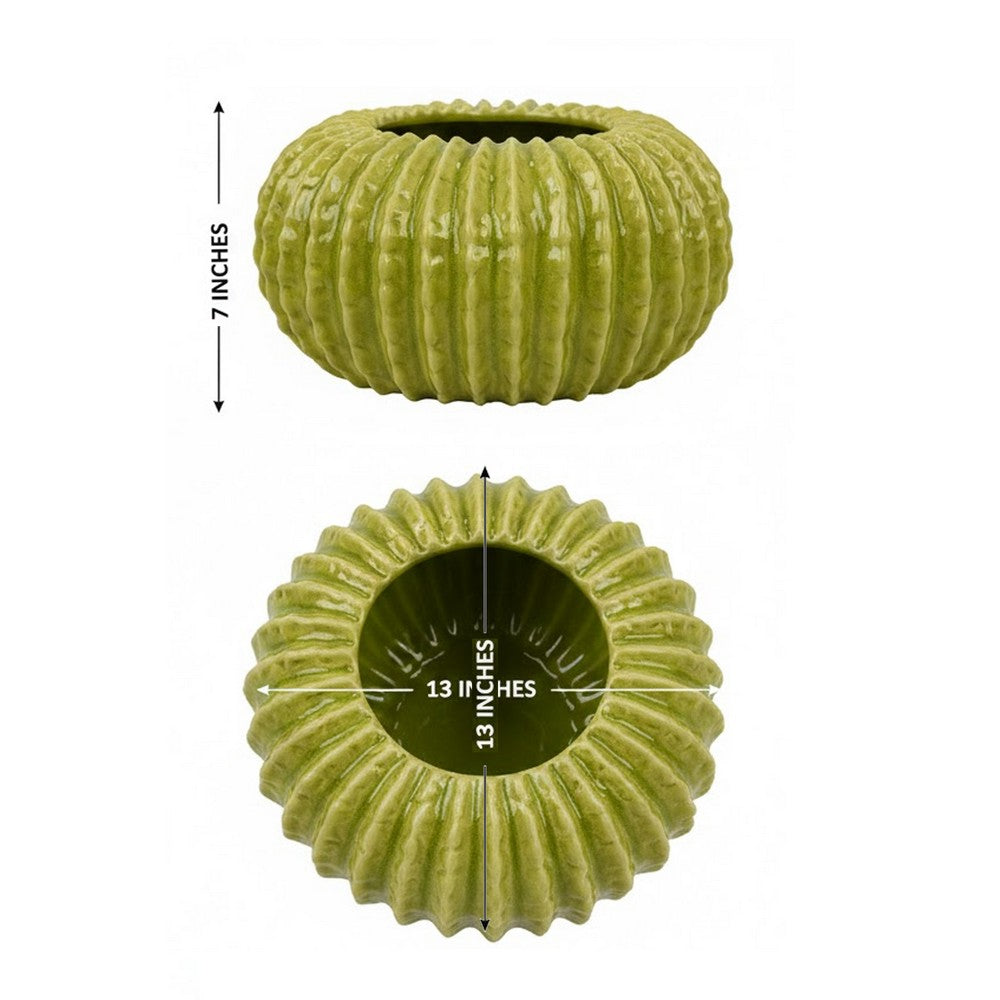 Decorative Planter, Melon Shape, Vertical Ribbed Texture, Green Ceramic