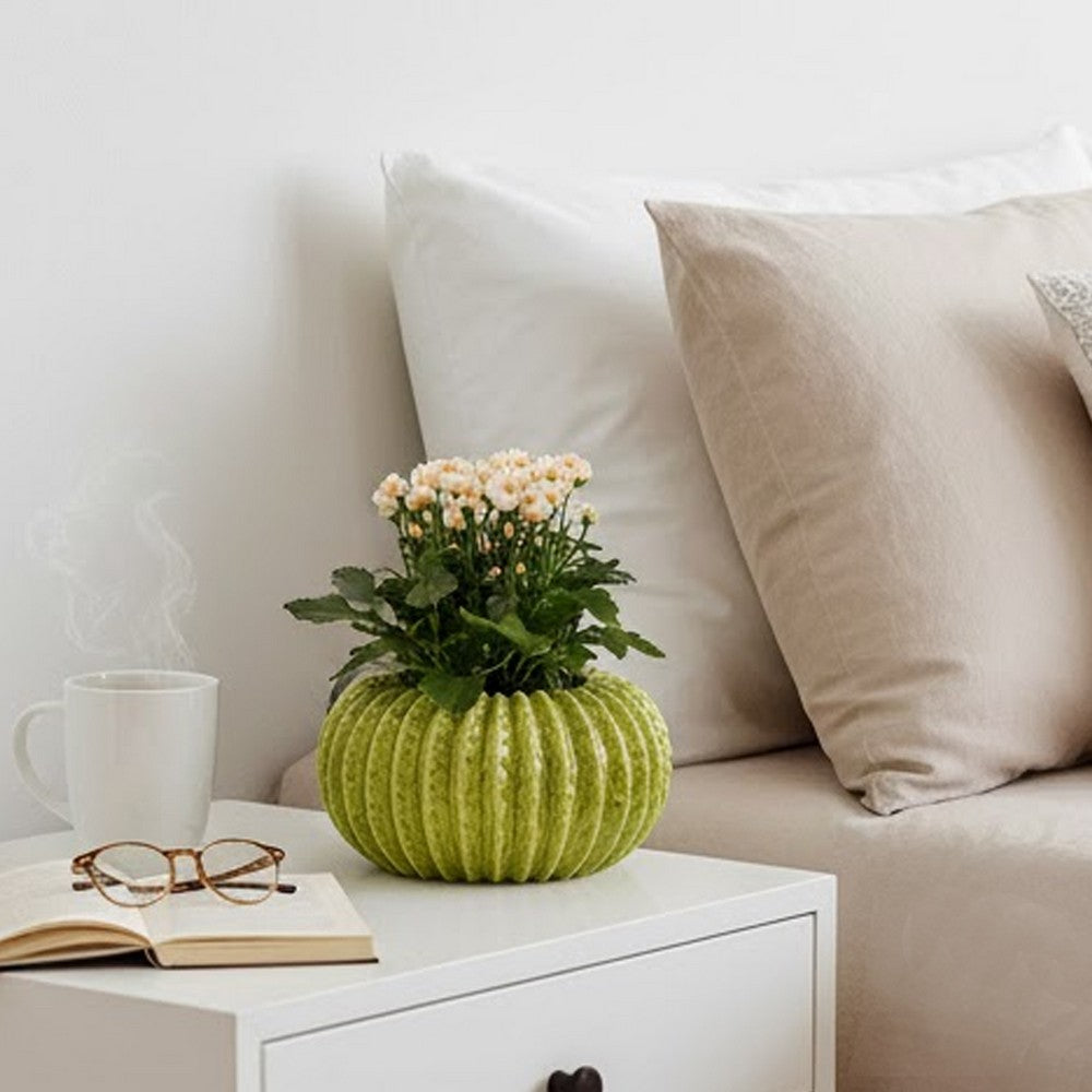 Decorative Planter, Melon Shape, Vertical Ribbed Texture, Green Ceramic