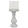 Kris Candle Holder with Hurricane Glass Top, White Gray Ceramic 7 Inch