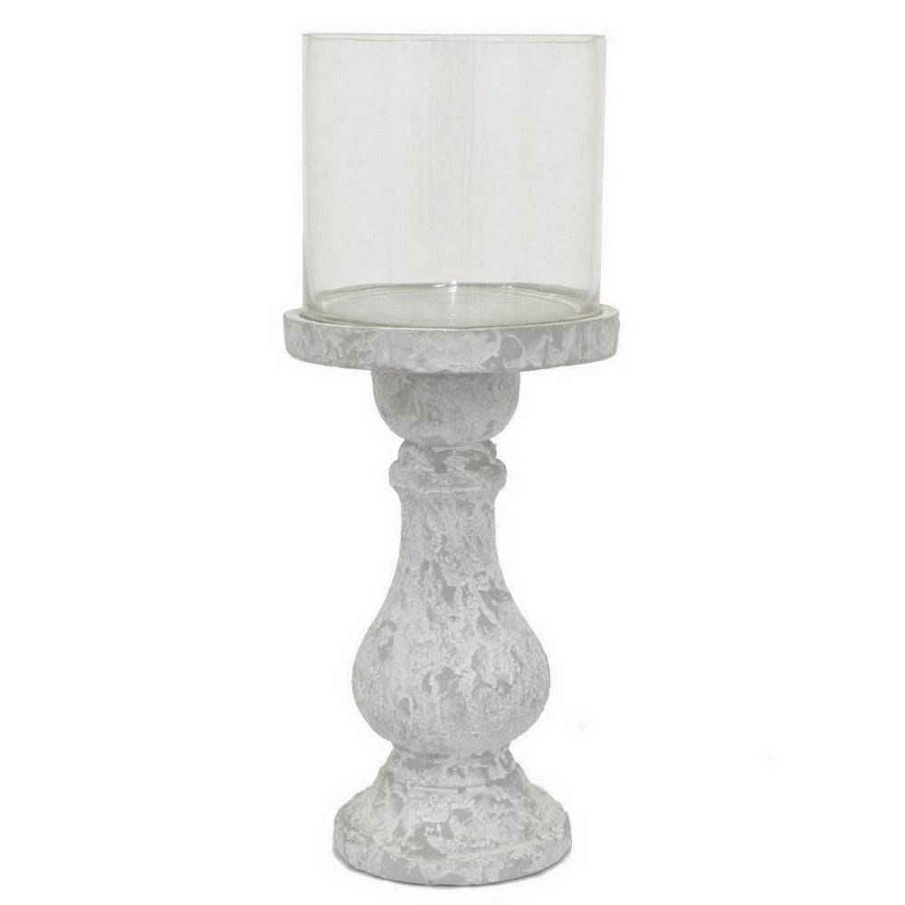 Kris Candle Holder with Hurricane Glass Top, White Gray Ceramic 7 Inch