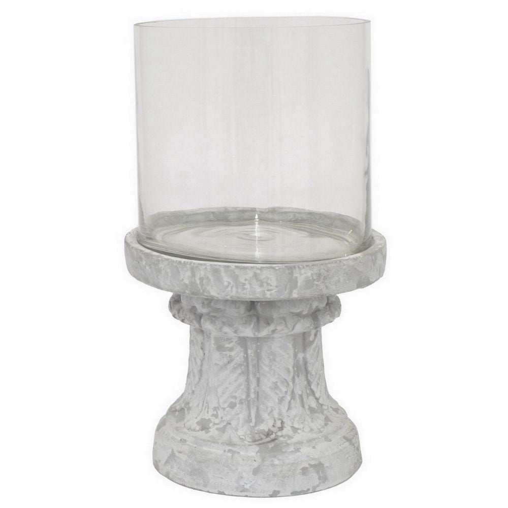 Kris Candle Holder, Hurricane Glass Top, White Gray Ceramic 14 Inch