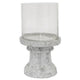 Kris Candle Holder, Hurricane Glass Top, White Gray Ceramic 14 Inch