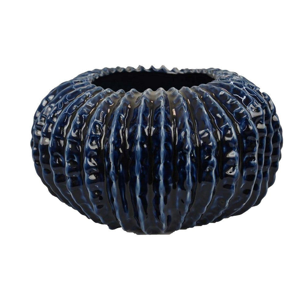 Harry Round Planter Vase Textured Design Blue Ceramic 13 Inch BM330150