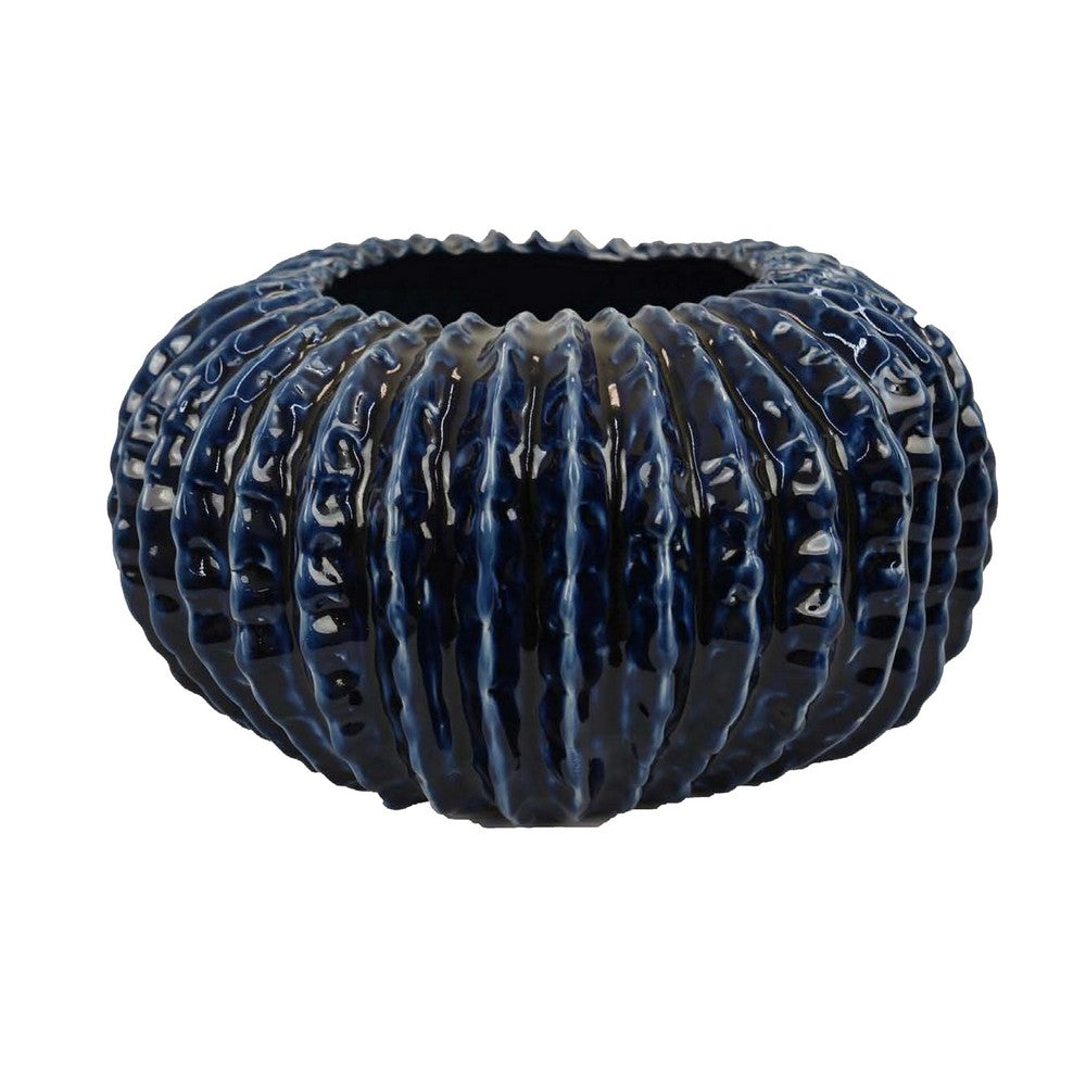 Harry Round Planter Vase, Textured Design, Blue Ceramic 13 Inch