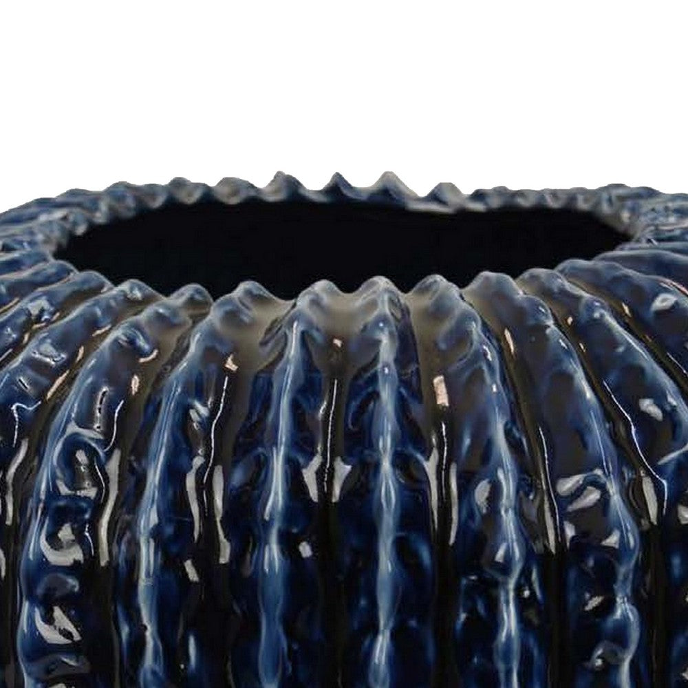Harry Round Planter Vase, Textured Design, Blue Ceramic 13 Inch