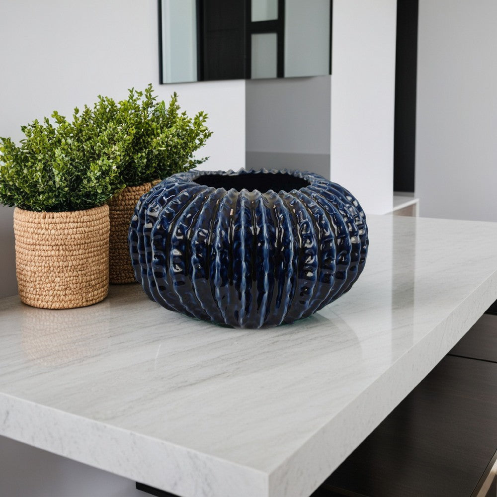 Harry Round Planter Vase, Textured Design, Blue Ceramic 13 Inch