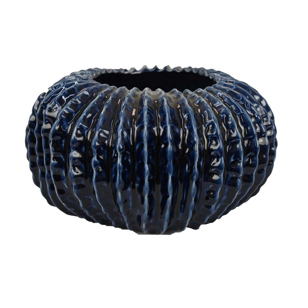 Harry Round Planter Vase, Textured Design, Blue Ceramic 13 Inch