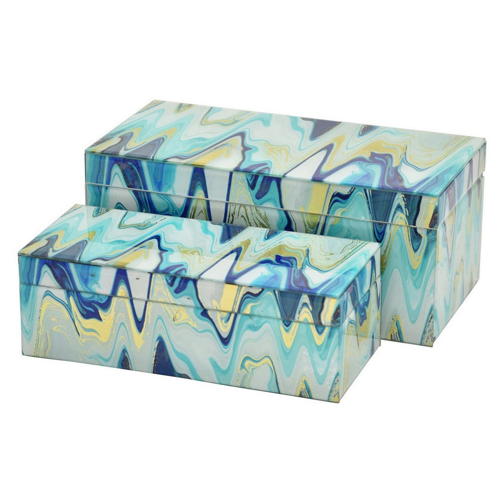 Jenny Small Decorative Box Set of 2 Abstract Marbled Teal Blue Glass