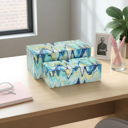Jenny Small Decorative Box Set of 2, Abstract Marbled Teal Blue Glass