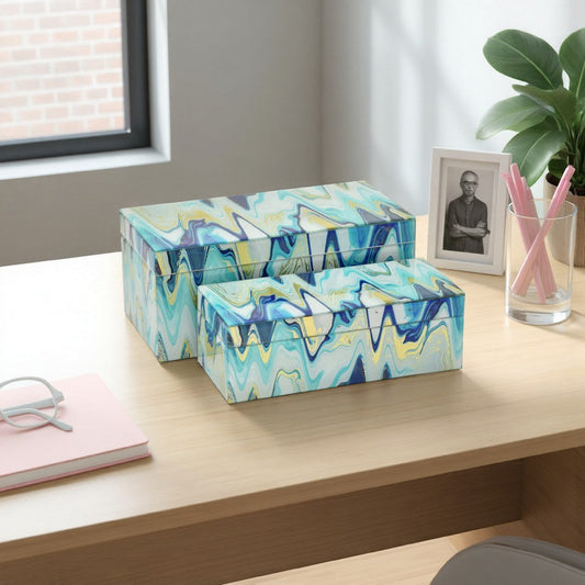 Jenny Small Decorative Box Set of 2, Abstract Marbled Teal Blue Glass