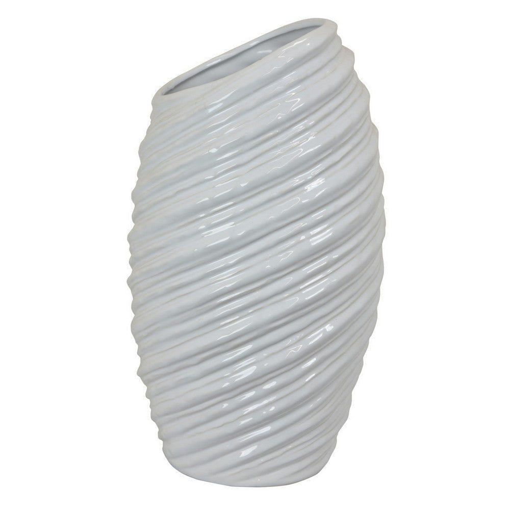 Avery Tall Modern Vase Angled Spiral Design White Ceramic 17 Inch