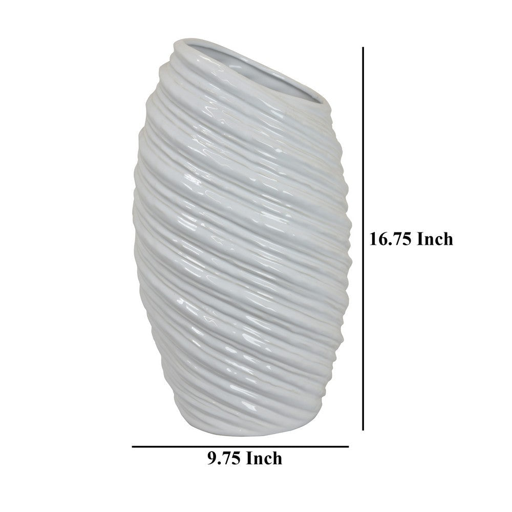 Avery Tall Modern Vase Angled Spiral Design White Ceramic 17 Inch