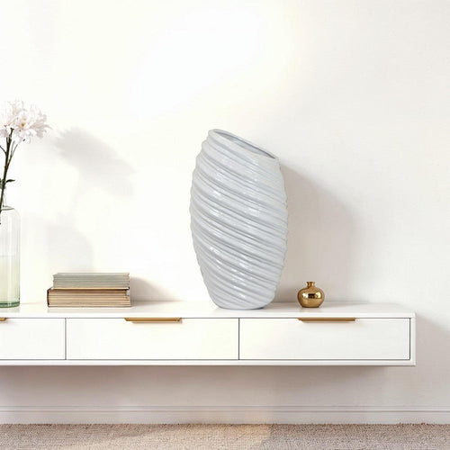 Avery Tall Modern Vase, Angled Spiral Design, White Ceramic 17 Inch