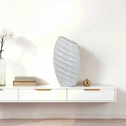 Avery Tall Modern Vase, Angled Spiral Design, White Ceramic 17 Inch