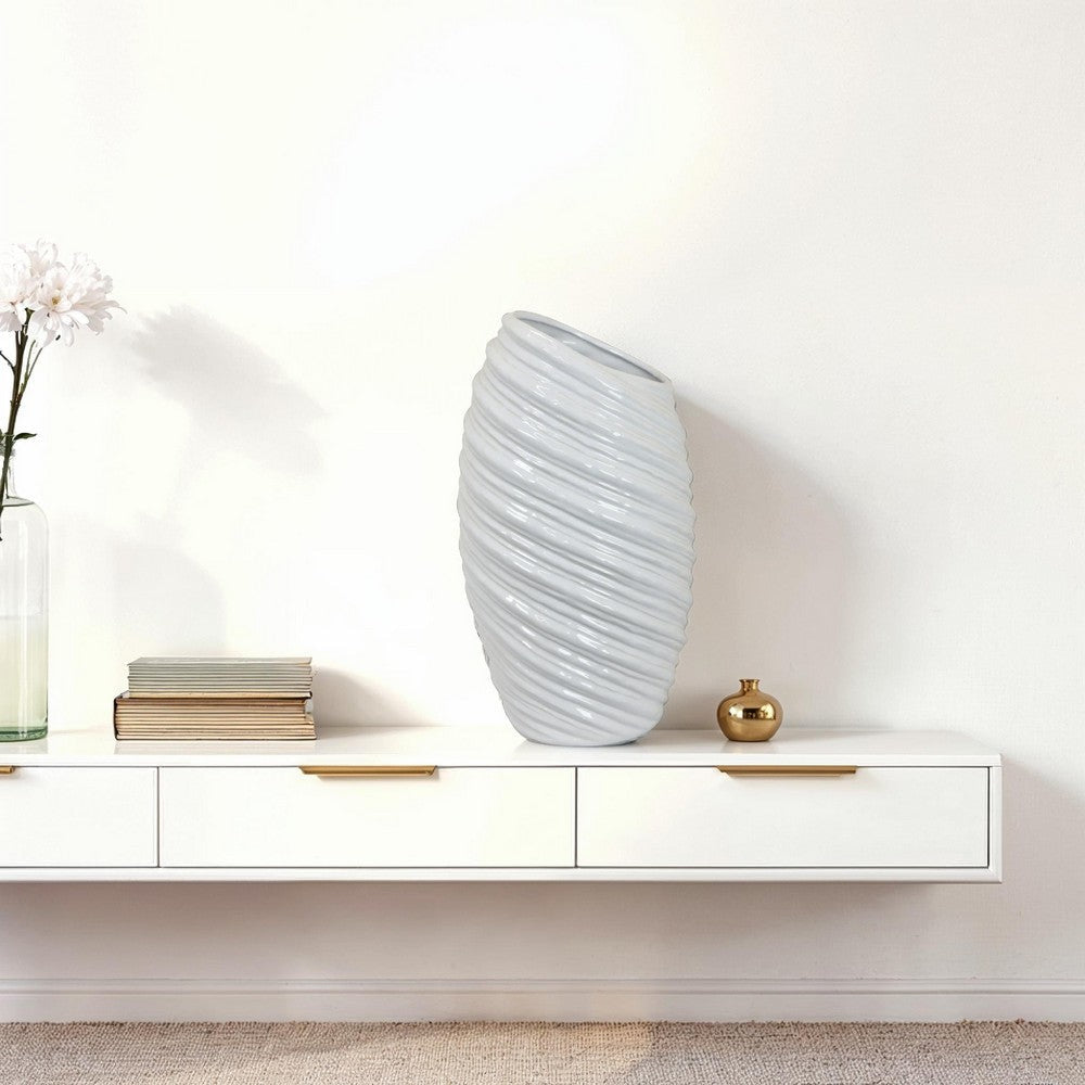 Avery Tall Modern Vase, Angled Spiral Design, White Ceramic 17 Inch