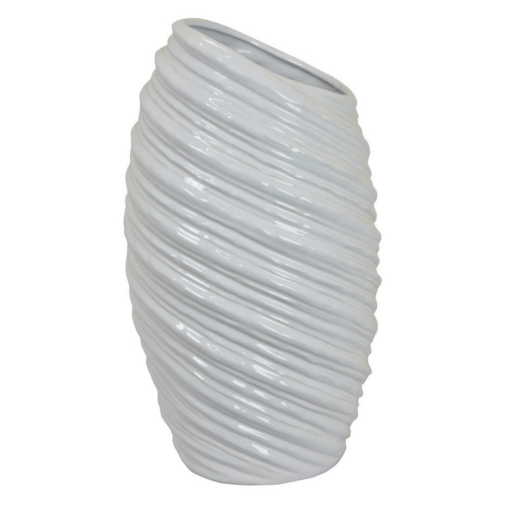 Avery Tall Modern Vase, Angled Spiral Design, White Ceramic 17 Inch